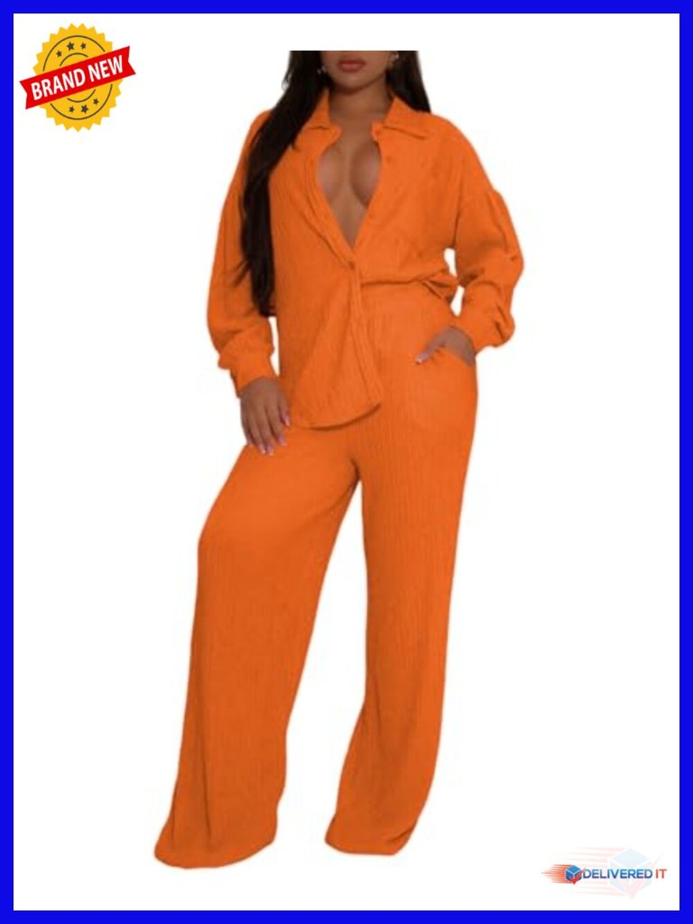 Women's 2-Piece Pleated Lounge Set Button Down Shirt Wide Leg Pants